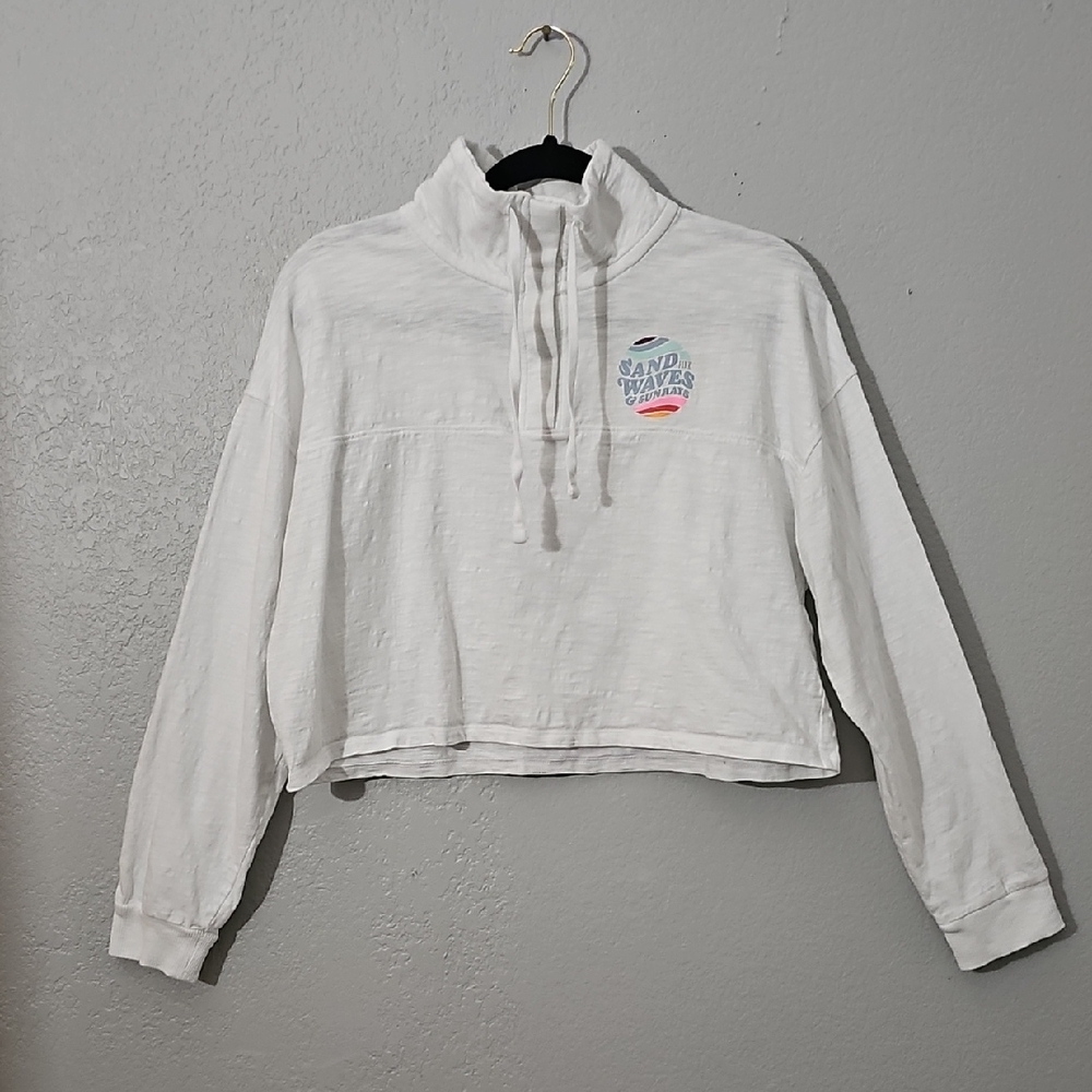 Victoria's Secret PINK Cropped Long Sleeve Sand, Waves, and Sunrays Top Small